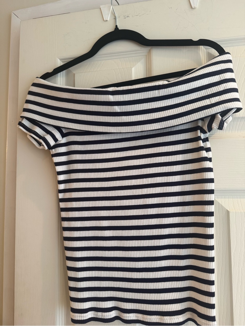 LOFT Navy and White Ribbed Off-Shoulder Top